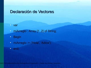RADO POR: ANAIDA ESCALONA TONAAlgoritmos y Programación I - Cátedra: Ing. Domingo T. Mandrafina
Declaración de VectoresDeclaración de Vectores
• var
• miArreglo : Array [1..2] of String;
• Begin
• miArreglo := ('Hola', ‘Adios');
• end;
 