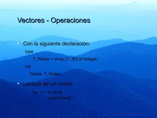 Vectores - OperacionesVectores - Operaciones
• Con la siguiente declaración:
type
T_Notas = array [1..30] of integer;
var
Notas: T_Notas;
• Lectura de un vector
for i:= 1 to 30 do
read(Notas[i] )
 