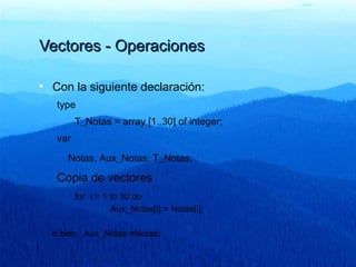 Vectores - OperacionesVectores - Operaciones
• Con la siguiente declaración:
type
T_Notas = array [1..30] of integer;
var
Notas, Aux_Notas: T_Notas;
Copia de vectores
for i:= 1 to 30 do
Aux_Notas[i]:= Notas[i];
o bien: Aux_Notas:=Notas;
 