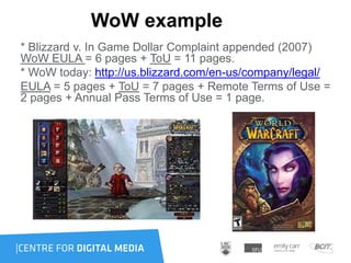 WoW example
* Blizzard v. In Game Dollar Complaint appended (2007)
WoW EULA = 6 pages + ToU = 11 pages.
* WoW today: http://us.blizzard.com/en-us/company/legal/
EULA = 5 pages + ToU = 7 pages + Remote Terms of Use =
2 pages + Annual Pass Terms of Use = 1 page.
 