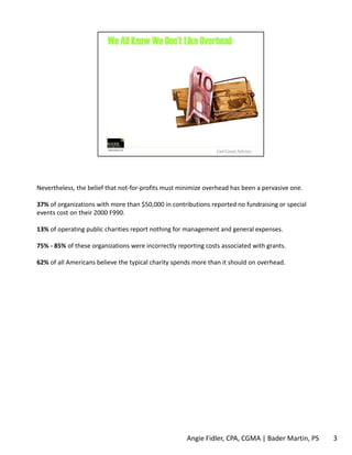 Nevertheless, the belief that not‐for‐profits must minimize overhead has been a pervasive one. 
37% of organizations with more than $50,000 in contributions reported no fundraising or special 
events cost on their 2000 F990. 
13% of operating public charities report nothing for management and general expenses. 
75% ‐ 85% of these organizations were incorrectly reporting costs associated with grants. 
62% of all Americans believe the typical charity spends more than it should on overhead. 
Angie Fidler, CPA, CGMA | Bader Martin, PS 3 
 