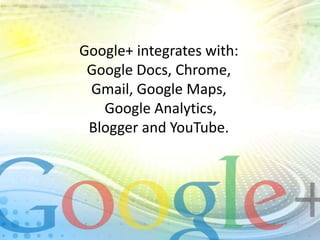 Google+ integrates with:
Google Docs, Chrome,
Gmail, Google Maps,
Google Analytics,
Blogger and YouTube.

 