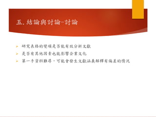 研究表格的變項是否能有效分析文獻
 是否有其他因素也能影響企業文化
 第一手資料難尋，可能會發生文獻涵義解釋有偏差的情況
五.結論與討論-討論
 