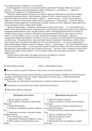 чем в других жанрах, отражается это ощущение.
В подтверждение этой мысли хочу процитировать критика Н. Елисеева: «Фрагмент, осколок,
обломок — свидетельство непознаваемости мира. „Романность“, „эпопейность“ — напротив,
свидетельство уверенности в миропознаваемости» 2
.
Наверное, проникнувшись, уловив эти настроения времени, Юрий Буйда, уже будучи автором
нескольких романов («Ермо», «Дон Домино», «Борис и Глеб»), создал в конце 90-х годов книгу
рассказов «Прусская невеста». Возможно, у Буйды — нашего земляка — была и другая причина
обратиться именно к этому жанру: герои многих его рассказов — переселенцы — люди без корней,
начинающие новый «фрагмент» своей жизни на чужой, чуждой им земле. Впрочем, ученые-филологи
только начинают изучать творчество Ю. Буйды.
Давайте откроем книгу... Наверное, главная тема, которая в ней звучит, — это тема необычности
нашей с вами «маленькой родины». В предисловии к книге автору удивительно точно удалось передать
ощущение двойственности, даже двусмысленности жизни в Калининградской области, которое он
особенно остро ощущал в юности: «Я родился в Калининградской области через девять лет после
войны. С детства привык к тому, что улицы должны быть мощены булыжником... Привык к
островерхим черепичным крышам. К каналам, шлюзам, польдерам, к вечной сырости и посаженным по
линейке лесам... Однажды я узнал, что родной мой городок назывался не Знаменском, а Велау. Жили
здесь немцы. Была здесь Восточная Пруссия. От нее остались осколки — эхо готики, дверная ручка
причудливой формы, обрывок надписи на фасаде... Рядом — рукой подать — был заколдованный мир, я
жил в заколдованном мире, — но если русский человек в Пскове или Рязани мог войти в заколдованный
мир прошлого, принадлежавшего ему по праву наследства, — кем был я здесь, человек без ключа, иной
породы, иной крови, языка и веры?» 3
Этот же вопрос задают себе герои рассказов Буйды — первые
переселенцы.
Автору удалось очень ярко и рельефно воссоздать их время и их чувства.
Обратимся к одному из лучших рассказов на эту тему.
Вторая учебная ситуация Работа с событийной основой
Как вы думаете, откуда Ю. Буйда мог взять сюжет для своего рассказа «Ева Ева»?
Воспоминания детства, рассказы очевидцев, журналистская работа. В первое послевоенное время
подобных судеб было немало (см. очерк Е. Яковлевой «Это было, было...» («Калининградский
комсомолец». — 1990. — № 25)).
Перед вами два событийных плана (рассказа и очерка), которые вы подготовили заранее.
Посмотрите на них внимательно: какую особенность вы видите?
Некоторые события совпадают.
Примерный план очерка
1. Жизнь героини до войны.
2. Начало войны и эвакуация в Восточную
Пруссию.
3. Штурм Кёнигсберга.
4. Открытие медицинского пункта и работа в
нем.
5. Появление в медпункте немецкого врача
Зигфрида Визера.
6. Сын Эльзы идет в школу.
7. Депортация. Прощание Зигфрида и Эльзы.
8. Жизнь героини в Калининграде после
войны.
Примерный план рассказа
1. Приезд Евы Евы в городок.
2. Начало ее работы в детском доме в качестве
медсестры.
3. Двое молодых летчиков «поспорили из-за
златоглазой женщины».
4. Ева Ева полюбила немого Ганса и стала жить с
ним.
5. Арест и освобождение Ганса.
6. Ева Ева усыновила Сусика.
7. Смерть Сусика.
8. Реакция Евы Евы на сообщение о смерти
мальчика.
 