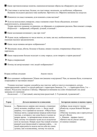 Какие противоположные понятия, взаимоисключающие образы вы обнаружите уже здесь?
Счастливые и несчастные; бедные, но счастливые; маленькие, но необычные, избранные.
Название последнего рассказа тоже необычно. Прочтите его. Обратите внимание на инверсию.
Изменится ли смысл названия, если поменять слова местами?
Если не использовать инверсию, смысл названия станет более обыденным, исчезнет
выразительность, возвышенность.
Теперь прочтите название отстраненно, не обращаясь к содержанию рассказа. Вам поможет словарь.
Избранный — выбранный, отборный, лучший, отличный 5
.
Какие ассоциации возникают у вас при этом?
Редкие люди, выбранные из числа многих, не такие, как все, необыкновенные, значительные,
имеющие высокое предназначение.
Какие люди названы автором «избранными»?
Маленькие люди, убогие, больные и бедные, нищие и калеки, отверженные обществом —
маргиналы.
Какое определение больше подходит к слову «народ», если говорить о героях рассказа?
Народ отверженный.
Почему же автор называет этих людей «избранными»?
Вторая учебная ситуация Анализ текста
Кого называют «избранными»? Какие они (внешне и внутренне)? Чем, по мнению Кати, отличаются
попрошайки от настоящих нищих?
Ученики получают задание для работы над текстом: найти в тексте и подчеркнуть детали,
характеризующие героев (1-я группа работает с характером Зинаиды, 2-я — с характером Кати, 3-я —
нищих). Результаты сводятся в таблицу. Обращается внимание на слово «блаженный» (на доске
записаны его значения):
Блаженный — 1. Счастливый, невозмутимо-радостный. 2. Глуповатый, чудаковатый 6
.
Герои Детали внешности и поведения Авторская оценка и оценка героев
Зинаида «...Приволокла к церкви свое жидкое, стекающее
книзу волнами, скорбное тело». «...Была такой
ширины, что в трамвай не влезала». «Обута была
Зинаида мягко, в разрезанные впереди войлочные
тапочки, к которым у нее дома были и галоши на
мокрое время... и тренировочные штаны носила
Зина, потому что никакие чулки на ее складчатые
ноги не налезали. Поверх надет был новый огненно-
ржавый халат фланелевый и хорошая кофта, — по
своей неразумности надела она на себя все самое
лучшее, как в поликлинику, потому что шла на
«Добрые люди помогут твоему
убожеству за ради Божьей Матери»
(мать).
«Убогому человеку уже и притулиться
негде!» (Катя).
«...Квашня... прорва» (мать).
«Ничего она не умела» (автор).
«Слониха» (нищие)
 