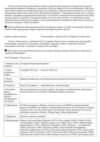 Учитель. Сегодня мы познакомимся с одним из произведений замечательного русского писателя
Владимира Федоровича Тендрякова, с рассказом «Хлеб для собаки». В год его публикации (1988), уже
после смерти автора, он способствовал настолько глубокому открытию личности писателя, что один из
публицистов назвал свою статью о нем «Потаенный Тендряков» 15
. Несмотря на видное место, которое
занимает Тендряков в современной литературе, о его личной и творческой жизни написано очень мало,
однако открыть «потаенного» Тендрякова можно, не только зная контекст его творчества в целом;
важнейшей целью нашего исследования станет «реконструкция» внутреннего мира писателя, каким он
предстает в рассказе «Хлеб для собаки».
Какие особенности мироощущения писателя можем мы открыть для себя, читая рассказ «Хлеб для
собаки»? Как характеризует автора открытый нами образ мыслей и чувств?
Первая учебная ситуация Комментарий к таблице «В. Ф. Тендряков. Личное дело»
Учитель. Ознакомьтесь с таблицей «В. Ф. Тендряков. Личное дело» и внимательно прослушайте
комментарий, соотнесите его основные положения с данными о жизни и творчестве писателя,
внесенными в таблицу, и запишите в тетради ответ на вопрос:
Каким предстает внутренний мир писателя в кратком обзоре основных событий его жизненной и
творческой биографии?
В. Ф. Тендряков. Личное дело
1. Фамилия, имя,
отчество
Тендряков Владимир Федорович
2. Даты
рождения и
смерти
5 декабря 1923 года — 3 августа 1984 года
3. Место
рождения
Деревня Макаровская ныне Верхневолжского района Вологодской области
4. Родители Отец, Ф. Тендряков, — народный судья, затем прокурор
5. Основные
факты
биографии (до
учебы в
Литературном
институте)
После окончания школы ушел на фронт, был ранен и демобилизован; преподавал в
школе военное дело, затем был секретарем райкома комсомола
6. Образование В 1945 году приехал в Москву, поступил учиться во ВГИК на художественный
факультет. В 1946 году перешел в Литературный институт им. М. Горького, который
окончил в 1951 году. В студенческие годы начинает писать рассказы, часть из них
публикуют журналы «Огонек», «Новый мир», «Наш современник»
7. Профессия Писатель, прозаик, сценарист
8. Произведения Повести «Падение Ивана Чупрова» (1953), «Не ко двору» (1954), «Ухабы» (1956),
«Чудотворная» (1958), «Тройка, семерка, туз» (1960), «Суд» (1961), «Чрезвычайное
происшествие» (1961), «Короткое замыкание» (1962), «Поденка — век короткий»
(1965), «Находка» (1965), «Кончина» (1968), «Апостольская командировка»,
«Весенние перевертыши» (1973), «Три мешка сорной пшеницы» (1973), «Ночь после
выпуска» (1974), «Затмение» (1977), «Расплата» (1979), «Шестьдесят свечей» (1980),
«Путешествие длиной в век» (1964); романы «Тугой узел» (1956), «За бегущим днем»
 