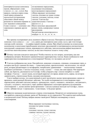 (повторяются целые комплексы
звуков, образующих слово
«глагол»: гл-, гла-, гол(о)). Как
правило, повтор в корне слова;
такой прием называется
паронимией (установление
смысловых связей между
разными по значению корнями за
счет звукового совпадения).
Слово «глагол» — ключевое: оно
«прописано» корнями других
слов
согласованное определение,
подлежащее (подлежащее,
несогласованное определение):
«Меня окружают молчаливые
глаголы, похожие на чужие головы
глаголы, голодные глаголы, голые
глаголы. Глаголы без
существительных. Глаголы —
просто» и т. д.
Много неполных предложений
разных типов, однородных членов
предложения.
Частый повтор союза/предлога в
анафоре: и... и... и..., в... в... в...
Все приемы подчеркивают роль основного образа (глаголы). Повторяется основной звуковой
комплекс этого слова (гл — гла — гол), девять раз повторяется само слово глагол, при этом четыре
повтора особо значимы — это рифма первой строфы, зачина. При общей установке на сознательное
косноязычие и монотонию (преобладание неполных предложений и повторяющихся синтаксических
конструкций, однородных членов, неразвернутого действия, тавтологическая рифма) выделяются
достаточно многочисленные эпитеты; но все они относятся только к этому слову.
Почему глаголам отводится такая роль? Чтобы ответить на этот вопрос, посмотрим, как они
изображены автором. Вспомните грамматическую характеристику глагола. Какие особенности этой
характеристики подчеркиваются в стихотворении? Почему это так важно для поэта?
Глаголы изображены как люди. Они работяги, живущие в подвалах, строящие, созидающие город, в
котором они будут одиноки без имен — существительных, прилагательных, числительных, тех частей
речи, которые расцвечивают ее метафорами, гиперболами, сравнениями — «несколькими этажами
всеобщего оптимизма». Глаголы «голодные, голые, глухие» — голые, как сама правда. Они жертвуют
собой, как Христос, распинаются на Голгофе, чтобы утвердить мир: «землю гипербол» и «небо
метафор». Глаголы — скелет языка, на который нарастает его яркая, живая плоть, каркас, на котором
держатся речь, строительные балки, несущие конструкции.
Глагол выбран потому, что единственный из всех частей речи «всеми тремя временами» связан со
временем, единственный обозначает действие. Это особо подчеркивается в стихотворении через
перечисление действий глаголов («живут», «рождаются», «идет», «мешают», «возводят», «воздвигают»,
«уходят», «ступают», «восходят»), через двойное обращение к категории времени в кульминации
стихотворения: «...всеми своими тремя временами / глаголы однажды восходят на Голгофу», «некто
стучит, забивая гвозди / в прошедшее, / в настоящее, / в будущее время».
Обратите внимание на ритмическую сторону стихотворения. Начертите его метрическую схему,
постарайтесь определить размер: каков он? Возможно ли его определить? Что кажется вам необычным
в метрической схеме? Почему выбран именно такой ритм? Найдите мотивировку в тексте
стихотворения.
Меня окружают молчаливые глаголы,
похожие на чужие головы
глаголы,
голодные глаголы, голые глаголы,
главные глаголы, глухие глаголы.
_ / _ _ / _ _ _ / _ _ _ / _
_ / _ _ _ _ / _ / _ _
_ / _ _ / _ _ _/_ / _ _ _ / _
/ _ _ _ / _ _ / _ _ / _.
 
