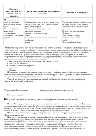 Предметы
цивилизации, без
которых можно
прожить
Продукты цивилизации, необходимые
для жизни
Натуральные продукты
Продукты обмена:
деньги, консервы,
концентраты, радио,
часы.
Жилище: дедовская
квартира с
генеральскими
потолками, сортиром и
кухней
Орудия труда: лопата, топор, пила, тачка,
гвозди, доски, толь, жесть, ведра, двери,
рамы, соха, чугунки.
Жилище: дом «как бы на развал»,
маленькая избушка.
Мебель: столы, лавки, лари.
Ружье.
Книга «Справочник садово-огородного
хозяйства».
Мыло
Еда: фрукты, овощи, грибы, ягоды,
растения для еды, соль, колосья.
Одежда: тулупы, тряпки, пимы,
рукавицы.
Жилище: логово, землянка,
убежище.
Печь, колодец, погреб.
Скарб: мешки, ящики.
Навоз.
Скот: поросенок, козы
Вещный мир сам по себе мог бы рассказать нам о героях многое. Из квартиры в городе со всеми
удобствами они, оставив все, убежали от цивилизации: у отца «развивающаяся мания бегства». Все, что
им удалось взять с собой из мира прошлого, — это примитивные орудия труда, предметы, способные
помочь им выжить. Их уход из цивилизованного мира в мир природный, «натуральный» можно
охарактеризовать, только приведя словесный ряд, определяющий вид их жилища. Важно сохранить
градацию этого понятия, выстроенную в рассказе:
• квартира «с генеральскими потолками, сортиром и кухней»;
• дом «как бы на развал»;
• логово — маленькая избушка;
• землянка;
• убежище.
Пещера пока не названа, но она мыслится как атрибут глубокого прошлого («пещерного» века)
вместе с узнаваемыми «шкурами», каменными орудиями труда и охоты, дровами, костром, домашними
животными, холодным пространством вокруг.
Уже сейчас, в момент повествования, их вещный мир беден, почти нищ, хотя по сравнению с
Анисьей и Марфуткой они богачи.
Четвертая учебная ситуация Характеристика времени и пространства
Работа по группам.
Что нового мы узнаем о жизни героев из анализа пространственно-временного слоя?
Время. Раньше приезжали только летом: в конце июня, в августе за ягодами и фруктами. Переехали
«в один прекрасный день», «весной». «Голодное весеннее время (месяц май — месяц ай)»; месяц «июнь
(месяц ау), когда припасы в деревне обычно кончались»; «все становилось гораздо страшнее, когда мы
начинали думать о зиме»; «лето выдалось прекрасное, все зрело, наливалось».
Пространство. Город, речка и деревня Мора, соседняя деревня — Тарутино, в 25 километрах —
Призерское, рядом лес.
Выводы. — имеют определенный прикладной характер; так мыслят крестьяне, живущие на земле
благодаря своему труду и погодным условиям. Там, где нет четкого указания на время, даются
крестьянские определения: покос, сев, озимые, сбор грибов, ягод. Время в этой первобытной жизни
героев имеет языческое пугающее начало: лето — спасение, жизнь; зима — смерть. Поэтому
невозможно вычленить, сколько прошло дней, месяцев, сезонов, лет. Герои включены в этот
фольклорный круговорот, стремительную смену одного времени года другим при неизменности
 