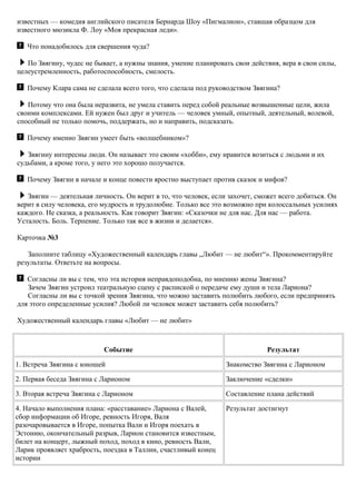 известных — комедия английского писателя Бернарда Шоу «Пигмалион», ставшая образцом для
известного мюзикла Ф. Лоу «Моя прекрасная леди».
Что понадобилось для свершения чуда?
По Звягину, чудес не бывает, а нужны знания, умение планировать свои действия, вера в свои силы,
целеустремленность, работоспособность, смелость.
Почему Клара сама не сделала всего того, что сделала под руководством Звягина?
Потому что она была неразвита, не умела ставить перед собой реальные возвышенные цели, жила
своими комплексами. Ей нужен был друг и учитель — человек умный, опытный, деятельный, волевой,
способный не только помочь, поддержать, но и направить, подсказать.
Почему именно Звягин умеет быть «волшебником»?
Звягину интересны люди. Он называет это своим «хобби», ему нравится возиться с людьми и их
судьбами, а кроме того, у него это хорошо получается.
Почему Звягин в начале и конце повести яростно выступает против сказок и мифов?
Звягин — деятельная личность. Он верит в то, что человек, если захочет, сможет всего добиться. Он
верит в силу человека, его мудрость и трудолюбие. Только все это возможно при колоссальных усилиях
каждого. Не сказка, а реальность. Как говорит Звягин: «Сказочки не для нас. Для нас — работа.
Усталость. Боль. Терпение. Только так все в жизни и делается».
Карточка №3
Заполните таблицу «Художественный календарь главы „Любит — не любит“». Прокомментируйте
результаты. Ответьте на вопросы.
Согласны ли вы с тем, что эта история неправдоподобна, по мнению жены Звягина?
Зачем Звягин устроил театральную сцену с распиской о передаче ему души и тела Лариона?
Согласны ли вы с точкой зрения Звягина, что можно заставить полюбить любого, если предпринять
для этого определенные усилия? Любой ли человек может заставить себя полюбить?
Художественный календарь главы «Любит — не любит»
Событие Результат
1. Встреча Звягина с юношей Знакомство Звягина с Ларионом
2. Первая беседа Звягина с Ларионом Заключение «сделки»
3. Вторая встреча Звягина с Ларионом Составление плана действий
4. Начало выполнения плана: «расставание» Лариона с Валей,
сбор информации об Игоре, ревность Игоря, Валя
разочаровывается в Игоре, попытка Вали и Игоря поехать в
Эстонию, окончательный разрыв, Ларион становится известным,
билет на концерт, лыжный поход, поход в кино, ревность Вали,
Ларик проявляет храбрость, поездка в Таллин, счастливый конец
истории
Результат достигнут
 