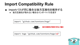 Import Compatibility Rule
■ importパスが同じ場合は後方互換性を維持する
● 後方互換性が取れない場合はインポートパスを返す
import "github.com/tenntenn/hoge"
import hoge "github.com/tenntenn/hoge/v2"
後方互換性が担保できない場合
 