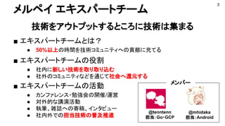 メルペイ エキスパートチーム
技術をアウトプットするところに技術は集まる
■ エキスパートチームとは？
● 50%以上の時間を技術コミュニティへの貢献に充てる
■ エキスパートチームの役割
● 社内に新しい技術を取り取り込む
● 社外のコミュニティなどを通じて社会へ還元する
■ エキスパートチームの活動
● カンファレンス・勉強会の開催/運営
● 対外的な講演活動
● 執筆、雑誌への寄稿、インタビュー
● 社内外での担当技術の普及推進
@tenntenn
担当：Go・GCP
@mhidaka
担当：Android
メンバー
3
 