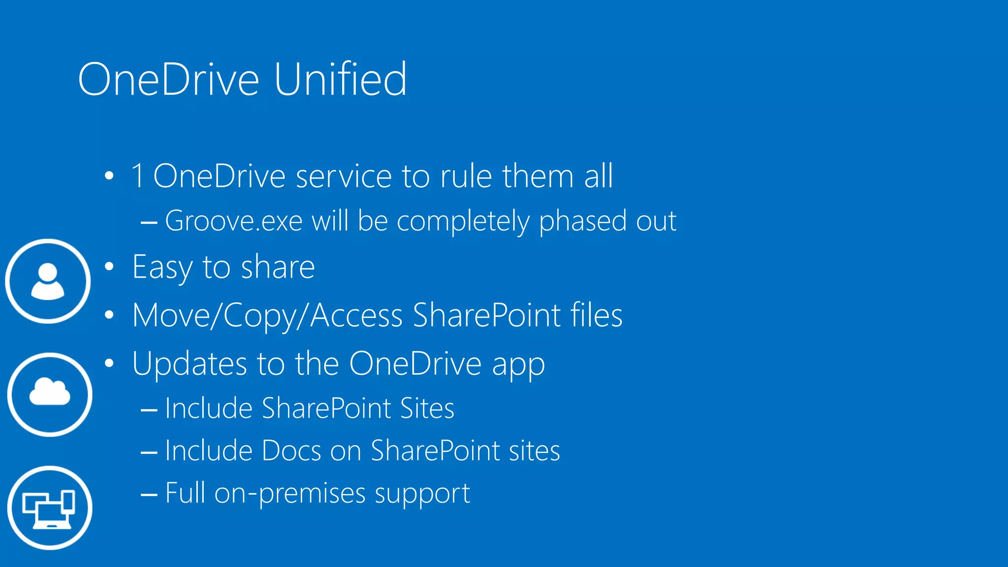 OneDrive Unified
• 1 OneDrive service to rule them all
– Groove.exe will be completely phased out
• Easy to share
• Move/Copy/Access SharePoint files
• Updates to the OneDrive app
– Include SharePoint Sites
– Include Docs on SharePoint sites
– Full on-premises support
 