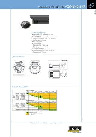 Telecamera IP H.264 HD VGON-4041HR




                                                                                                                        VIDEO
                          CARATTERISTICHE
                          • Telecamera IP H.264 & MJPEG HD
                          • Dual Steaming
                          • Tripla Alimentazione DC12V, 24VAC, PoE
                          • Uscita analogica ibrida
                          • Slot card SDHC
                          • Uscita allarme
                          • Supporto GUI Multilingua
                          • Day & Night meccanico
                          • Compatibile ONVIF
                          • Zoom motorizzato, Fuoco e Push-iris
                          • Riscaldamento interno


DIMENSIONI (mm)




TABELLA RISOLUZIONI
                                                                                                           08-02-2011




                      © Copyright 2011, GPS Standard SpA | Subject to changes in design and availability
 