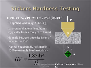 DPH/VHN/VPH/VH = 2PSin(θ/2)/L2

P

P: applied load in kg, 5-120 kg
L: average diagonal length, mm
(typically from a few µm to 1 mm)

θ

θ: angle between opposite faces of
indenter; ≡ 136°
L

Range: 5 (extremely soft metals) 1500 (extremely hard materials)

1.854P
HV =
2
L

A
Vickers Hardness = F/A =
3σ

ME101: Materials Science and
Technology

 