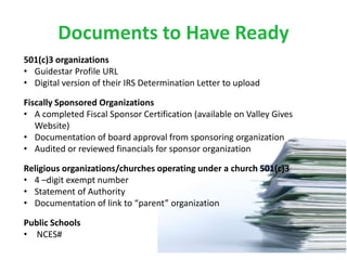 Documents to Have Ready
501(c)3 organizations
• Guidestar Profile URL
• Digital version of their IRS Determination Letter ...