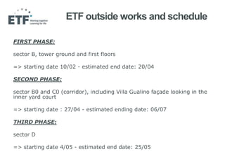 ETF outside works and schedule
FIRST PHASE:
sector B, tower ground and first floors
=> starting date 10/02 - estimated end date: 20/04
SECOND PHASE:
sector B0 and C0 (corridor), including Villa Gualino façade looking in the
inner yard court
=> starting date : 27/04 - estimated ending date: 06/07

THIRD PHASE:
sector D
=> starting date 4/05 - estimated end date: 25/05

 