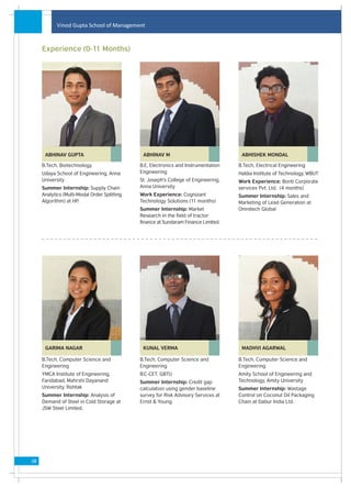 Vinod Gupta School of Management



     Experience (0-11 Months)




      ABHINAV GUPTA                            ABHINAV M                              ABHISHEK MONDAL

     B.Tech, Biotechnology                    B.E, Electronics and Instrumentation   B.Tech, Electrical Engineering
     Udaya School of Engineering, Anna        Engineering                            Haldia Institute of Technology, WBUT
     University                               St. Joseph's College of Engineering,   Work Experience: Bonti Corporate
     Summer Internship: Supply Chain          Anna University                        services Pvt. Ltd. (4 months)
     Analytics (Multi-Modal Order Splitting   Work Experience: Cognizant             Summer Internship: Sales and
     Algorithm) at HP.                        Technology Solutions (11 months)       Marketing of Lead Generation at
                                              Summer Internship: Market              Omnitech Global
                                              Research in the field of tractor
                                              finance at Sundaram Finance Limited.




      GARIMA NAGAR                             KUNAL VERMA                            MADHVI AGARWAL

     B.Tech, Computer Science and             B.Tech, Computer Science and           B.Tech, Computer Science and
     Engineering                              Engineering                            Engineering
     YMCA Institute of Engineering,           IEC-CET, GBTU                          Amity School of Engineering and
     Faridabad, Mahrshi Dayanand              Summer Internship: Credit gap          Technology, Amity University
     University, Rohtak                       calculation using gender baseline      Summer Internship: Wastage
     Summer Internship: Analysis of           survey for Risk Advisory Services at   Control on Coconut Oil Packaging
     Demand of Steel in Cold Storage at       Ernst & Young.                         Chain at Dabur India Ltd.
     JSW Steel Limited.




08
 