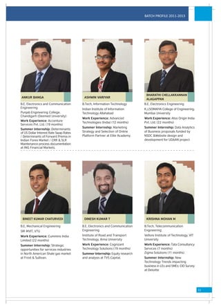 BATCH PROFILE 2011-2013




                                                                              BHARATHI CHELLAKKANNAN
ANKUR BANGA                              ASHWIN VARIYAR
                                                                              ALAGAPPAN
B.E, Electronics and Communication      B.Tech, Information Technology       B.E, Electronics Engineering
Engineering                             Indian Institute of Information      K.J.SOMAIYA College of Engineering,
Punjab Engineering College,             Technology Allahabad                 Mumbai University
Chandigarh (Deemed University)
                                        Work Experience: Advanced            Work Experience: Atos Origin India
Work Experience: Accenture
                                        Technologies (India) (12 months)     Pvt. Ltd. (22 months)
Services Pvt. Ltd. (19 months)
                                        Summer Internship: Marketing         Summer Internship: Data Analytics
Summer Internship: Determinants
of US Dollar Interest Rate Swap Rates   Strategy and Selection of Online     of Business proposals funded by
/ Determinants of Forward Premia in     Platform Partner at Elite Academy.   NSDC &Website design and
Indian Forex Market / CRR & SLR                                              development for UDAAN project
Maintenance process documentation
at ING Financial Markets.




 BINEET KUMAR CHATURVEDI                 DINESH KUMAR T                       KRISHNA MOHAN M

B.E, Mechanical Engineering             B.E, Electronics and Communication   B.Tech, Telecommunication
SIR MVIT, VTU                           Engineering                          Engineering
Work Experience: Cummins India          Institute of Road and Transport      Vellore Institute of Technology, VIT
Limited (22 months)                     Technology, Anna University          University
Summer Internship: Strategic            Work Experience: Cognizant           Work Experience: Tata Consultancy
opportunities for services industries   Technology Solutions (19 months)     Services (7 months)
in North American Shale gas market      Summer Internship: Equity research   Zigma Solutions (11 months)
at Frost & Sullivan.                    and analysis at TVS Capital.         Summer Internship: New
                                                                             Technology Trends impacting
                                                                             business in LEs and SMEs: CIO Survey
                                                                             at Deloitte




                                                                                                                    11
 