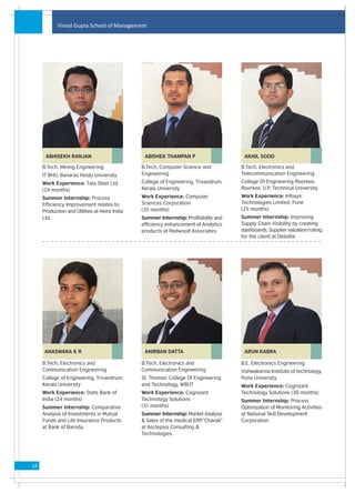 Vinod Gupta School of Management




      ABHISEKH RANJAN                           ABISHEK THAMPAN P                      AKHIL SOOD

     B.Tech, Mining Engineering                B.Tech, Computer Science and           B.Tech, Electronics and
     IT BHU, Banaras Hindu University          Engineering                            Telecommunication Engineering
     Work Experience: Tata Steel Ltd.          College of Engineering, Trivandrum,    College Of Engineering Roorkee,
     (24 months)                               Kerala University                      Roorkee, U.P. Technical University

     Summer Internship: Process                Work Experience: Computer              Work Experience: Infosys
     Efficiency Improvement relates to         Sciences Corporation                   Technologies Limited, Pune
     Production and Utilities at Heinz India   (35 months)                            (25 months)
     Ltd.                                      Summer Internship: Profitability and   Summer Internship: Improving
                                               efficiency enhancement of Analytics    Supply Chain Visibility by creating
                                               products at Redwood Associates.        dashboards. Supplier valuation/rating
                                                                                      for the client at Deloitte




      ANASWARA K R                              ANIRBAN DATTA                          ARUN KABRA

     B.Tech, Electronics and                   B.Tech, Electronics and                B.E, Electronics Engineering
     Communication Engineering                 Communication Engineering              Vishwakarma Institute of technology,
     College of Engineering, Trivandrum,       St. Thomas' College Of Engineering     Pune University
     Kerala University                         and Technology, WBUT                   Work Experience: Cognizant
     Work Experience: State Bank of            Work Experience: Cognizant             Technology Solutions (30 months)
     India (24 months)                         Technology Solutions                   Summer Internship: Process
     Summer Internship: Comparative            (31 months)                            Optimization of Monitoring Activities
     Analysis of Investments in Mutual         Summer Internship: Market Analysis     at National Skill Development
     Funds and Life Insurance Products         & Sales of the medical ERP,"Charak"    Corporation
     at Bank of Baroda.                        at Asclepius Consulting &
                                               Technologies.




14
 
