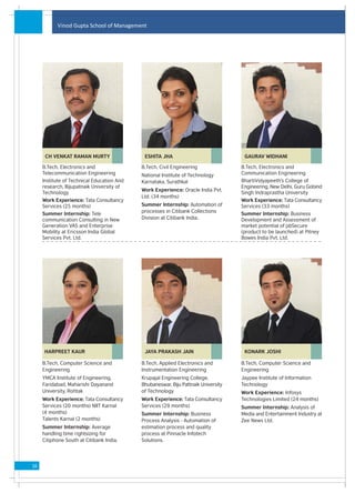 Vinod Gupta School of Management




      CH VENKAT RAMAN MURTY                  ESHITA JHA                              GAURAV WIDHANI

     B.Tech, Electronics and                B.Tech, Civil Engineering               B.Tech, Electronics and
     Telecommunication Engineering          National Institute of Technology        Communication Engineering
     Institute of Technical Education And   Karnataka, Surathkal                    BhartiVidyapeeth's College of
     research, Bijupatnaik University of                                            Engineering, New Delhi, Guru Gobind
                                            Work Experience: Oracle India Pvt.
     Technology                                                                     Singh Indraprastha University
                                            Ltd. (34 months)
     Work Experience: Tata Consultancy                                              Work Experience: Tata Consultancy
     Services (25 months)                   Summer Internship: Automation of        Services (33 months)
                                            processes in Citibank Collections
     Summer Internship: Tele                                                        Summer Internship: Business
     communication Consulting in New        Division at Citibank India.             Development and Assessment of
     Generation VAS and Enterprise                                                  market potential of pbSecure
     Mobility at Ericsson India Global                                              (product to be launched) at Pitney
     Services Pvt. Ltd.                                                             Bowes India Pvt. Ltd.




     HARPREET KAUR                           JAYA PRAKASH JAIN                       KONARK JOSHI

     B.Tech, Computer Science and           B.Tech, Applied Electronics and         B.Tech, Computer Science and
     Engineering                            Instrumentation Engineering             Engineering
     YMCA Institute of Engineering,         Krupajal Engineering College,           Jaypee Institute of Information
     Faridabad, Maharishi Dayanand          Bhubaneswar, Biju Pattnaik University   Technology
     University, Rohtak                     of Technology                           Work Experience: Infosys
     Work Experience: Tata Consultancy      Work Experience: Tata Consultancy       Technologies Limited (24 months)
     Services (20 months) NIIT Karnal       Services (29 months)                    Summer Internship: Analysis of
     (4 months)                             Summer Internship: Business             Media and Entertainment Industry at
     Talents Karnal (2 months)              Process Analysis - Automation of        Zee News Ltd.
     Summer Internship: Average             estimation process and quality
     handling time rightsizing for          process at Pinnacle Infotech
     Citiphone South at Citibank India.     Solutions.




16
 