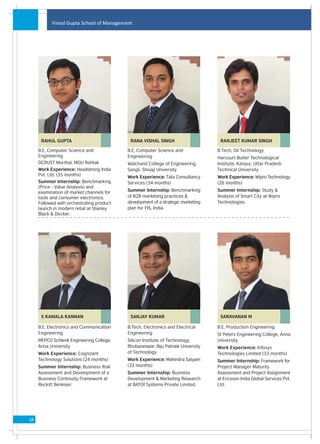 Vinod Gupta School of Management




      RAHUL GUPTA                           RANA VISHAL SINGH                      RANJEET KUMAR SINGH

     B.E, Computer Science and             B.E, Computer Science and              B.Tech, Oil Technology
     Engineering                           Engineering                            Harcourt Butler Technological
     DCRUST Murthal, MDU Rohtak            Walchand College of Engineering,       Institute, Kanpur, Uttar Pradesh
     Work Experience: Headstrong India     Sangli, Shivaji University             Technical University
     Pvt. Ltd. (35 months)                 Work Experience: Tata Consultancy      Work Experience: Wipro Technology
     Summer Internship: Benchmarking       Services (34 months)                   (26 months)
     (Price - Value Analysis) and
     examination of market channels for    Summer Internship: Benchmarking        Summer Internship: Study &
     tools and consumer electronics.       of B2B marketing practices &           Analysis of Smart City at Wipro
     Followed with orchestrating product   development of a strategic marketing   Technologies.
     launch in modern retail at Stanley    plan for FIS, India.
     Black & Decker.




      S KAMALA KANNAN                       SANJAY KUMAR                           SARAVANAN M

     B.E, Electronics and Communication    B.Tech, Electronics and Electrical     B.E, Production Engineering
     Engineering                           Engineering                            St Peters Engineering College, Anna
     MEPCO Schlenk Engineering College,    Silicon Institute of Technology,       University
     Anna University                       Bhubaneswar, Biju Patnaik University   Work Experience: Infosys
     Work Experience: Cognizant            of Technology                          Technologies Limited (33 months)
     Technology Solutions (24 months)      Work Experience: Mahindra Satyam       Summer Internship: Framework for
     Summer Internship: Business Risk      (32 months)                            Project Manager Maturity
     Assessment and Development of a       Summer Internship: Business            Assessment and Project Assignment
     Business Continuity Framework at      Development & Marketing Research       at Ericsson India Global Services Pvt.
     Reckitt Benkiser.                     at BATOI Systems Private Limited.      Ltd.




18
 