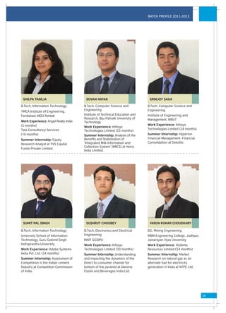 BATCH PROFILE 2011-2013




 SHILPA TANEJA                         SOVAN NAYAK                            SRINJOY SAHA

B.Tech, Information Technology        B.Tech, Computer Science and           B.Tech, Computer Science and
                                      Engineering                            Engineering
YMCA Institute of Engineering,
Faridabad, MDU Rohtak                 Institute of Technical Education and   Institute of Engineering and
                                      Research, Biju Patnaik University of   Management, WBUT
Work Experience: Angel Realty India   Technology
(5 months)                                                                   Work Experience: Infosys
                                      Work Experience: Infosys
Tata Consultancy Services                                                    Technologies Limited (24 months)
                                      Technologies Limited (25 months)
(19 months)                           Summer Internship: Analysis of the     Summer Internship: Hyperion
Summer Internship: Equity             Benefits and Stabilization of          Financial Management- Financial
                                      ‘Integrated Milk Information and       Consolidation at Deloitte.
Research Analyst at TVS Capital
                                      Collection System’ (IMICS) at Heinz
Funds Private Limited.
                                      India Limited.




 SUMIT PAL SINGH                       SUSHRUT CHOUBEY                        VARUN KUMAR CHOUDHARY

B.Tech, Information Technology        B.Tech, Electronics and Electrical     B.E, Mining Engineering
University School of Information      Engineering                            MBM Engineering College, Jodhpur,
Technology, Guru Gobind Singh         MAIT GGSIPU                            Jainarayan Vyas University
Indraprastha University               Work Experience: Infosys               Work Experience: Vedanta
Work Experience: Adobe Systems        Technologies Limited (33 months)       Resources Limited (34 months)
India Pvt. Ltd. (24 months)           Summer Internship: Understanding       Summer Internship: Market
Summer Internship: Assessment of      and impacting the dynamics of the      Research on natural gas as an
Competition in the Indian cement      Direct to consumer channel for         alternate fuel for electricity
Industry at Competition Commission    bottom of the pyramid at Danone        generation in India at NTPC Ltd.
of India.                             Foods and Beverages India Ltd.




                                                                                                                 19
 