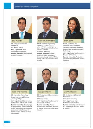 Vinod Gupta School of Management




      GYAN PRAKASH                           HARSH KUMAR SRIVASTAVA                 ISHITA ADITYA

     B.E, Computer Science and              B.Tech, Chemical Engineering           B.Tech, Electronics and
     Engineering                            HBTI Kanpur, UPTU Lucknow              Communication Engineering
     B.I.T. MESRA RANCHI                    Work Experience: Aditya Birla Nuvo     JalpaiguriGoverment Engineering
     Work Experience: Wipro                 Group (32 Months)                      College, West Bengal University of
     Technologies (36months)                GE Energy (4 Months)                   Technology
     Summer Internship: Operations and      Summer Internship: Finding             Work Experience: Tata Consultancy
     Strategy at Akosha.                    synergistic opportunities and          Services (57 months)
                                            developing strategy to enter US Wind   Summer Internship: Production
                                            Energy EAM/ERP market at Ramco         process analysis at Pinnacle Infotech
                                            Systems.                               Solutions.




     JISHNU ROYCHAUDHURI                     KUSHAL BHARDWAJ                        LEELARAM TENNETI

     B.E, Information Technology            B.E, Electronics and Communication     B.E, Electronics and Electrical
     Bengal Engineering & Science           Engineering                            Engineering
     University, Shibpur                    BIT Mesra, Ranchi                      Sathyabama University
     Work Experience: CSG International     Work Experience: Tata Consultancy      Work Experience: Wipro
     (Earlier known as INTEC) (36 months)   Services (36 Months)                   Technologies (48 months)
     Summer Internship: Developing a        Summer Internship: Project             Summer Internship: An Analysis and
     'Hunting Strategy' and a 'Framework'   Appraisal and Investment Decisions     POC of Mobility in Insurance Industry
     for B2B segmentation of prospective    of Start-up Ventures at Indian Angel   at Deloitte.
     accounts form the Media and            Network.
     Communication industry at Wipro
     Technologies.




22
 