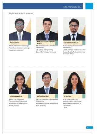 BATCH PROFILE 2012-2014



Experience (0-11 Months)




                                   KARKHANAWALA SHEHZAD
 PRASHANTH P                                                             ASHWINI KUMAR RAO
                                   MOSES
B.Tech (Information technology)   B.E. (Electronics and Communication   B.Tech (Computer Science and
Pondicherry Engineering College   Engineering)                          Engineering)
Pondicherry University            L.D. College of Engineering           J.S.S.Academy of Technical Education
                                  Gujarat Technological University      GautamBuddhaTechnicalUniversity
                                                                        (Formerly UPTU)




 MEGHANA VAIDYA                    ADITYA DHATRAK                        B. SRITHA

B.Tech (Electronics and           B.E. (Electronics and Communication   B.Tech (Electronics and
Communication Engineering)        Engineering)                          Communication Engineering)
Nirma Institute of Technology     Vishwakarma Institute of Technology   Keshav Memorial Institute of
Nirma University                  Pune University                       Technology
                                                                        JNTU




                                                                                                               27
 
