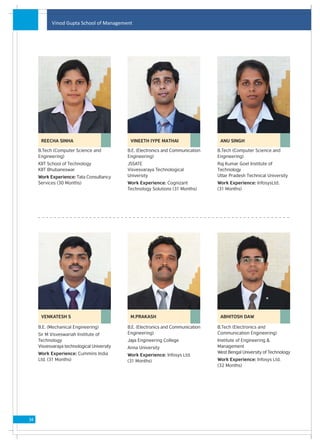 Vinod Gupta School of Management




      REECHA SINHA                            VINEETH IYPE MATHAI                   ANU SINGH

     B.Tech (Computer Science and            B.E. (Electronics and Communication   B.Tech (Computer Science and
     Engineering)                            Engineering)                          Engineering)
     KIIT School of Technology               JSSATE                                Raj Kumar Goel Institute of
     KIIT Bhubaneswar                        Visvesvaraya Technological            Technology
     Work Experience: Tata Consultancy       University                            Uttar Pradesh Technical University
     Services (30 Months)                    Work Experience: Cognizant            Work Experience: InfosysLtd.
                                             Technology Solutions (31 Months)      (31 Months)




      VENKATESH S                             M.PRAKASH                             ABHITOSH DAW

     B.E. (Mechanical Engineering)           B.E. (Electronics and Communication   B.Tech (Electronics and
     Sir M Visveswariah Institute of         Engineering)                          Communication Engineering)
     Technology                              Jaya Engineering College              Institute of Engineering &
     Visvesvaraya technological University   Anna University                       Management
     Work Experience: Cummins India                                                West Bengal University of Technology
                                             Work Experience: Infosys Ltd.
     Ltd. (31 Months)                        (31 Months)                           Work Experience: Infosys Ltd.
                                                                                   (32 Months)




34
 