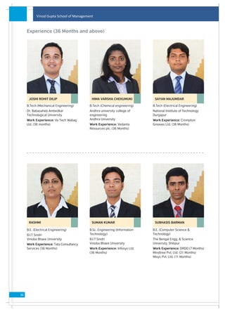 Vinod Gupta School of Management



     Experience (36 Months and above)




      JOSHI ROHIT DILIP                    HIMA VARSHA CHEKUMUKI            SAYAN MAJUMDAR

     B.Tech (Mechanical Engineering)      B.Tech (Chemical engineering)    B.Tech (Electrical Engineering)
     Dr. Babasaheb Ambedkar               Andhra university college of     National Institute of Technology
     Technological University             engineering                      Durgapur
     Work Experience: Va Tech Wabag       Andhra University                Work Experience: Crompton
     Ltd. (36 months)                     Work Experience: Vedanta         Greaves Ltd. (36 Months)
                                          Resources plc. (36 Months)




      RASHMI                               SUMAN KUMAR                      SUBHASIS BARMAN

     B.E. (Electrical Engineering)        B.Sc. Engineering (Information   B.E. (Computer Science &
     B.I.T Sindri                         Technology)                      Technology)
     Vinoba Bhave University              B.I.T Sindri                     The Bengal Engg. & Science
     Work Experience: Tata Consultancy    Vinoba Bhave University          University, Shibpur
     Services (36 Months)                 Work Experience: Infosys Ltd.    Work Experience: DRDO (7 Months)
                                          (36 Months)                      Mindtree Pvt. Ltd. (21 Months)
                                                                           Misys Pvt. Ltd. (11 Months)




36
 