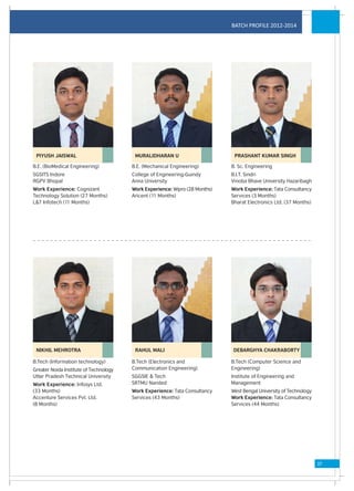 BATCH PROFILE 2012-2014




 PIYUSH JAISWAL                          MURALIDHARAN U                       PRASHANT KUMAR SINGH

B.E. (BioMedical Engineering)           B.E. (Mechanical Engineering)        B. Sc. Engineering
SGSITS Indore                           College of Engineering-Guindy        B.I.T. Sindri
RGPV Bhopal                             Anna University                      Vinoba Bhave University Hazaribagh
Work Experience: Cognizant              Work Experience: Wipro (28 Months)   Work Experience: Tata Consultancy
Technology Solution (27 Months)         Aricent (11 Months)                  Services (3 Months)
L&T Infotech (11 Months)                                                     Bharat Electronics Ltd. (37 Months)




 NIKHIL MEHROTRA                         RAHUL MALI                          DEBARGHYA CHAKRABORTY

B.Tech (Information technology)         B.Tech (Electronics and              B.Tech (Computer Science and
Greater Noida Institute of Technology   Communication Engineering)           Engineering)
Uttar Pradesh Technical University      SGGSIE & Tech                        Institute of Engineering and
Work Experience: Infosys Ltd.           SRTMU Nanded                         Management
(33 Months)                             Work Experience: Tata Consultancy    West Bengal University of Technology
Accenture Services Pvt. Ltd.            Services (43 Months)                 Work Experience: Tata Consultancy
(8 Months)                                                                   Services (44 Months)




                                                                                                                    37
 