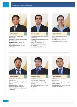 Vinod Gupta School of Management




      AMIT GYANANI                              BHANU JUNEJA                            KAMYA SHARMA

     B.E. (Computer Science and                B.Tech (Electronics & Communication     B.Tech (Electrical Engineering)
     Engineering)                              Engineering)                            NIT Surat
     Maharashtra Institute of Technology       Chitkara Institute of Engineering and   Work Experience: Reliance
     Pune University                           Technology                              Infrastructure Ltd. (46 Months)
     Work Experience: Infosys Ltd.             Punjab Technical University
     (32 Months)                               Work Experience: Infosys Ltd.
     Xpanxion International Pvt. Ltd.          (37 Months)
     (13 Months)                               Oracle India Pvt. Ltd. (8 Months)




      NEERAJ KUMAR                              ARINDAM ROUTH                           DHILEEBAN K M

     B.E. (Electronics and Communication       B.Tech (Electronics and                 B.E. (Electronics and Electrical
     Engineering)                              Communication Engineering)              Engineering)
     Birla Institute of Technology Mesra       National Institute of Technology        Government College of technology
     Ranchi                                    Durgapur                                Anna University
     Work Experience: Reliance                 Work Experience: Reliance Energy        Work Experience: Tata Consultancy
     Infrastructure Ltd. (29 Months)           (47 Months)                             Services (47 Months)
     Reliance Utility Engineers Private Ltd.
     (16 Months)




38
 