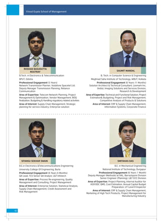 Vinod Gupta School of Management




         ROSHAN BASUDUTTA
                                                                                                       SAUMIT MANDAL
             ROUTRAY
     B.Tech. in Electronics & Telecommunication                                       B. Tech. in Computer Science & Engineering
     BPUT, Odisha                                                           Meghnad Saha Institute of Technology, WBUT, Kolkata
     Professional Engagement (5 Years)                                            Professional Engagement (6 Years 11 Months)
     Network Transmission Planner, Vodafone Spacetel Ltd.                  Solution Architect & Technical Consultant, Lexmark Inc.
     Deputy Manager Transmission Planning, Reliance                                (India), Imaging Solutions and Services Division,
     Communication                                                                                        Research & Development
     Area of Expertise: Telecom Network Planning, Project               Area of Expertise: Technical and Functional Solution, Project
     Management & Optimization, Vendor Management, BOQ                     Estimation& Budgeting, Project and Risk Management,
     finalization, Budgeting & Handling regulatory related activities               Competitive Analysis of Products & Solutions
     Area of Interest: Supply Chain Management, Strategic                     Area of Interest: ERP & Supply Chain Management,
     planning for service industry, Enterprise solution                                  Information Systems, Corporate Finance




       SITANSU SEKHAR SWAIN                                                                            SMITAHAS DAS

     B.E.in Electronics &Telecommunications Engineering                                             B.E. in Mechanical Engineering
     University College Of Engineering, Burla                                           National Institute of Technology, Durgapur
     Professional Engagement (6 Years 6 Months)                                   Professional Engagement (6 Years 1 Month)
     QA Lead, TCS Senior QA Analyst, L&T Infotech                        Deputy Manager (Methods) at HAL, Barrackpore Division
                                                                                   Senior Engineer (Planning), L&T ECC Division
     Area of Expertise: Process Re-engineering, Quality
     Management and Consulting, Project Management                       Area of Expertise: Project Planning, Internal Auditor for
                                                                           AS9100C QMS, Cost Estimation, Annual Capital Budget
     Area of Interest: Enterprise Solution, Statistical Analysis,                              Preparation, UT Level II Inspector
     Supply Chain Management, Credit Assessment and
                                                                             Area of Interest: ERP & Supply Chain Management,
     Risk Management
                                                                        Marketing of High Tech Products, Project Management for
                                                                                                          Manufacturing Industry




42
 
