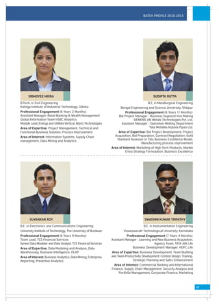 BATCH PROFILE 2010-2013




      SRIMOYEE MISRA                                                                           SUDIPTA DUTTA

B.Tech. in Civil Engineering                                                               B.E. in Metallurgical Engineering
Kalinga Institute of Industrial Technology, Odisha                     Bengal Engineering and Science University, Shibpur
Professional Engagement (6 Years 2 Months):                                Professional Engagement (6 Years 11 Months):
Assistant Manager, Retail Banking & Wealth Management                 Bid Project Manager - Business Segment Iron Making
Global Information Team HSBC Analytics                                          SIEMENS VAI Metals Technologies Pvt. Ltd.
Module Lead, Energy and Utilities Vertical, Wipro Technologies          Assistant Manager - Operation Melting Department
Area of Expertise: Project Management, Technical and                                       Tata Metaliks Kubota Pipes Ltd.
Functional Business Solution, Process Improvement                    Area of Expertise: Bid Project Development, Project
Area of Interest: Information Systems, Supply Chain                Acquisition, Bid Preparation, Contract Negotiation, Gold
                                                                    Standard Assessor in Tata Business Excellence Model,
management, Data Mining and Analytics
                                                                                      Manufacturing process improvement
                                                                 Area of Interest: Marketing of High Tech Products, Market
                                                                           Entry Strategy Formulation, Business Excellence




       SUVANKAR ROY                                                                      SWADHIN KUMAR TRIPATHY

B.E. in Electronics and Communications Engineering                                      B.E. in Instrumentation Engineering
University Institute of Technology, The University of Burdwan             Visweswaraih Technological University, Karnataka
Professional Engagement (6 Years 9 Months):                                 Professional Engagement (7 Years 4 Months):
Team Lead, TCS Financial Services                                Assistant Manager - Learning and New Business Acquisition,
Senior Data Modeler and Data Analyst, TCS Financial Services                                    Agency Team, TATA AIA Life
Area of Expertise: Data Modeling and Analysis, Data                             Business Development Manager, HDFC Life
Warehousing, Business Intelligence, OLAP                         Area of Expertise: Business Development, Team Building
Area of Interest: Business Analytics, Data Mining, Enterprise    and Team Productivity Development, Contest design, Training,
Reporting, Predictive Analytics                                                Strategic Planning and Sales Enhancement
                                                                   Area of Interest: Commercial Banking and International
                                                                 Finance, Supply Chain Management, Security Analysis and
                                                                      Portfolio Management, Corporate Finance, Marketing



                                                                                                                                43
 