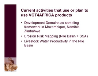 The use of VGT4AFRICA products—Some CGIAR examples