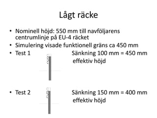 Lågt räcke
• Nominell höjd: 550 mm till navföljarens
centrumlinje på EU-4 räcket
• Simulering visade funktionell gräns ca 450 mm
• Test 1
Sänkning 100 mm = 450 mm
effektiv höjd

• Test 2

Sänkning 150 mm = 400 mm
effektiv höjd

 