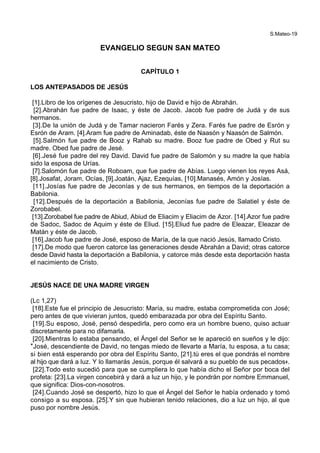 S.Mateo-19
EVANGELIO SEGUN SAN MATEO
CAPÍTULO 1
LOS ANTEPASADOS DE JESÚS
[1].Libro de los orígenes de Jesucristo, hijo de David e hijo de Abrahán.
[2].Abrahán fue padre de Isaac, y éste de Jacob. Jacob fue padre de Judá y de sus
hermanos.
[3].De la unión de Judá y de Tamar nacieron Farés y Zera. Farés fue padre de Esrón y
Esrón de Aram. [4].Aram fue padre de Aminadab, éste de Naasón y Naasón de Salmón.
[5].Salmón fue padre de Booz y Rahab su madre. Booz fue padre de Obed y Rut su
madre. Obed fue padre de Jesé.
[6].Jesé fue padre del rey David. David fue padre de Salomón y su madre la que había
sido la esposa de Urías.
[7].Salomón fue padre de Roboam, que fue padre de Abías. Luego vienen los reyes Asá,
[8].Josafat, Joram, Ocías, [9].Joatán, Ajaz, Ezequías, [10].Manasés, Amón y Josías.
[11].Josías fue padre de Jeconías y de sus hermanos, en tiempos de la deportación a
Babilonia.
[12].Después de la deportación a Babilonia, Jeconías fue padre de Salatiel y éste de
Zorobabel.
[13].Zorobabel fue padre de Abiud, Abiud de Eliacim y Eliacim de Azor. [14].Azor fue padre
de Sadoc, Sadoc de Aquim y éste de Eliud. [15].Eliud fue padre de Eleazar, Eleazar de
Matán y éste de Jacob.
[16].Jacob fue padre de José, esposo de María, de la que nació Jesús, llamado Cristo.
[17].De modo que fueron catorce las generaciones desde Abrahán a David; otras catorce
desde David hasta la deportación a Babilonia, y catorce más desde esta deportación hasta
el nacimiento de Cristo.
JESÚS NACE DE UNA MADRE VIRGEN
(Lc 1,27)
[18].Este fue el principio de Jesucristo: María, su madre, estaba comprometida con José;
pero antes de que vivieran juntos, quedó embarazada por obra del Espíritu Santo.
[19].Su esposo, José, pensó despedirla, pero como era un hombre bueno, quiso actuar
discretamente para no difamarla.
[20].Mientras lo estaba pensando, el Ángel del Señor se le apareció en sueños y le dijo:
*José, descendiente de David, no tengas miedo de llevarte a María, tu esposa, a tu casa;
si bien está esperando por obra del Espíritu Santo, [21].tú eres el que pondrás el nombre
al hijo que dará a luz. Y lo llamarás Jesús, porque él salvará a su pueblo de sus pecados+.
[22].Todo esto sucedió para que se cumpliera lo que había dicho el Señor por boca del
profeta: [23].La virgen concebirá y dará a luz un hijo, y le pondrán por nombre Emmanuel,
que significa: Dios-con-nosotros.
[24].Cuando José se despertó, hizo lo que el Ángel del Señor le había ordenado y tomó
consigo a su esposa. [25].Y sin que hubieran tenido relaciones, dio a luz un hijo, al que
puso por nombre Jesús.
 