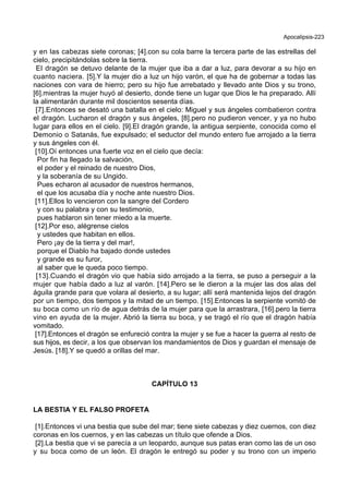 Apocalipsis-223
y en las cabezas siete coronas; [4].con su cola barre la tercera parte de las estrellas del
cielo, precipitándolas sobre la tierra.
El dragón se detuvo delante de la mujer que iba a dar a luz, para devorar a su hijo en
cuanto naciera. [5].Y la mujer dio a luz un hijo varón, el que ha de gobernar a todas las
naciones con vara de hierro; pero su hijo fue arrebatado y llevado ante Dios y su trono,
[6].mientras la mujer huyó al desierto, donde tiene un lugar que Dios le ha preparado. Allí
la alimentarán durante mil doscientos sesenta días.
[7].Entonces se desató una batalla en el cielo: Miguel y sus ángeles combatieron contra
el dragón. Lucharon el dragón y sus ángeles, [8].pero no pudieron vencer, y ya no hubo
lugar para ellos en el cielo. [9].El dragón grande, la antigua serpiente, conocida como el
Demonio o Satanás, fue expulsado; el seductor del mundo entero fue arrojado a la tierra
y sus ángeles con él.
[10].Oí entonces una fuerte voz en el cielo que decía:
Por fin ha llegado la salvación,
el poder y el reinado de nuestro Dios,
y la soberanía de su Ungido.
Pues echaron al acusador de nuestros hermanos,
el que los acusaba día y noche ante nuestro Dios.
[11].Ellos lo vencieron con la sangre del Cordero
y con su palabra y con su testimonio,
pues hablaron sin tener miedo a la muerte.
[12].Por eso, alégrense cielos
y ustedes que habitan en ellos.
Pero ¡ay de la tierra y del mar!,
porque el Diablo ha bajado donde ustedes
y grande es su furor,
al saber que le queda poco tiempo.
[13].Cuando el dragón vio que había sido arrojado a la tierra, se puso a perseguir a la
mujer que había dado a luz al varón. [14].Pero se le dieron a la mujer las dos alas del
águila grande para que volara al desierto, a su lugar; allí será mantenida lejos del dragón
por un tiempo, dos tiempos y la mitad de un tiempo. [15].Entonces la serpiente vomitó de
su boca como un río de agua detrás de la mujer para que la arrastrara, [16].pero la tierra
vino en ayuda de la mujer. Abrió la tierra su boca, y se tragó el río que el dragón había
vomitado.
[17].Entonces el dragón se enfureció contra la mujer y se fue a hacer la guerra al resto de
sus hijos, es decir, a los que observan los mandamientos de Dios y guardan el mensaje de
Jesús. [18].Y se quedó a orillas del mar.
CAPÍTULO 13
LA BESTIA Y EL FALSO PROFETA
[1].Entonces vi una bestia que sube del mar; tiene siete cabezas y diez cuernos, con diez
coronas en los cuernos, y en las cabezas un título que ofende a Dios.
[2].La bestia que vi se parecía a un leopardo, aunque sus patas eran como las de un oso
y su boca como de un león. El dragón le entregó su poder y su trono con un imperio
 