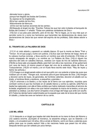 Apocalipsis-230
démosle honor y gloria,
porque han llegado las bodas del Cordero.
Su esposa se ha engalanado,
[8].la han vestido de lino fino,
deslumbrante de blancura
-el lino son las buenas acciones de los santos-.
[9].Después el ángel me dijo: *Escribe: Felices los que han sido invitados al banquete de
bodas del Cordero.+ Y añadió: *Estas son palabras verdaderas de Dios.+
[10].Caí a sus pies para adorarlo, pero él me dijo: *No lo hagas, yo no soy más que un
servidor como tú y como tus hermanos que transmiten las declaraciones de Jesús (son
declaraciones de Jesús las que vienen del espíritu de los profetas). Sólo debes adorar a
Dios.+
EL TRIUNFO DE LA PALABRA DE DIOS
[11].Vi el cielo abierto y apareció un caballo blanco. El que lo monta se llama *Fiel+ y
*Veraz+. Es el que juzga y lucha con justicia. [12].Sus ojos son llamas de fuego, tiene en
la cabeza muchas coronas, y lleva escrito un nombre que sólo él entiende. [13].Viste un
manto empapado de sangre y su nombre es: La Palabra de Dios. [14].Lo siguen los
ejércitos del cielo en caballos blancos, vestidos con ropas de lino de radiante blancura.
[15].De su boca sale una espada afilada, para herir con ella a las naciones; él las gobernará
con vara de hierro; él mismo pisará el lagar del vino de la ardiente cólera de Dios, el
Todopoderoso. [16].En el manto y en el muslo lleva escrito este título: *Rey de reyes y
Señor de señores.+
[17].Vi luego a un ángel parado sobre el sol que gritó con voz potente a todas las aves que
volaban por el cielo: *Vengan acá, reúnanse para el gran banquete de Dios. [18].Vengan
y devoren carne de reyes, de generales, de hombres valientes; devoren al caballo con su
jinete, a hombres libres y esclavos, a pequeños y grandes.+
[19].Vi entonces a la bestia y a los reyes de la tierra con sus ejércitos, reunidos para
combatir contra el que iba montado en el caballo blanco y contra su ejército. [20].Pero la
bestia fue capturada y con ella el falso profeta que había realizado maravillas al servicio de
la bestia, engañando con ellas a los que habían aceptado la marca de la bestia y a los que
adoraban su estatua. Los dos fueron arrojados vivos al lago del fuego que arde con azufre.
[21].Todos los demás fueron exterminados por la espada que sale de la boca del que monta
el caballo, y todas las aves se hartaron de su carne.
CAPÍTULO 20
LOS MIL AÑOS
[1].Vi después a un ángel que bajaba del cielo llevando en la mano la llave del Abismo y
una cadena enorme. [2].Sujetó al monstruo, la serpiente antigua, que es Satanás o el
diablo, y lo encadenó por mil años. [3].Lo arrojó al Abismo, cerró con llave y además puso
sellos para que no pueda seducir más a las naciones hasta que pasen los mil años.
Después tendrá que ser soltado por poco tiempo.
 