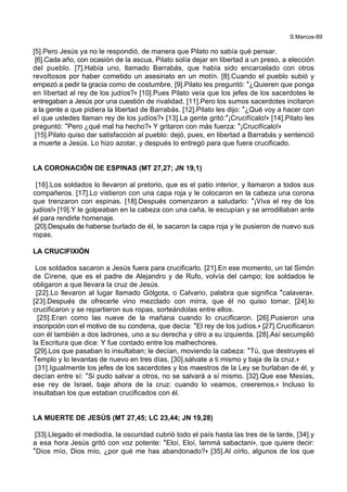 S.Marcos-89
[5].Pero Jesús ya no le respondió, de manera que Pilato no sabía qué pensar.
[6].Cada año, con ocasión de la ascua, Pilato solía dejar en libertad a un preso, a elección
del pueblo. [7].Había uno, llamado Barrabás, que había sido encarcelado con otros
revoltosos por haber cometido un asesinato en un motín. [8].Cuando el pueblo subió y
empezó a pedir la gracia como de costumbre, [9].Pilato les preguntó: *¿Quieren que ponga
en libertad al rey de los judíos?+ [10].Pues Pilato veía que los jefes de los sacerdotes le
entregaban a Jesús por una cuestión de rivalidad. [11].Pero los sumos sacerdotes incitaron
a la gente a que pidiera la libertad de Barrabás. [12].Pilato les dijo: *¿Qué voy a hacer con
el que ustedes llaman rey de los judíos?+ [13].La gente gritó:*¡Crucifícalo!+ [14].Pilato les
preguntó: *Pero ¿qué mal ha hecho?+ Y gritaron con más fuerza: *¡Crucifícalo!+
[15].Pilato quiso dar satisfacción al pueblo: dejó, pues, en libertad a Barrabás y sentenció
a muerte a Jesús. Lo hizo azotar, y después lo entregó para que fuera crucificado.
LA CORONACIÓN DE ESPINAS (MT 27,27; JN 19,1)
[16].Los soldados lo llevaron al pretorio, que es el patio interior, y llamaron a todos sus
compañeros. [17].Lo vistieron con una capa roja y le colocaron en la cabeza una corona
que trenzaron con espinas. [18].Después comenzaron a saludarlo: *¡Viva el rey de los
judíos!+ [19].Y le golpeaban en la cabeza con una caña, le escupían y se arrodillaban ante
él para rendirle homenaje.
[20].Después de haberse burlado de él, le sacaron la capa roja y le pusieron de nuevo sus
ropas.
LA CRUCIFIXIÓN
Los soldados sacaron a Jesús fuera para crucificarlo. [21].En ese momento, un tal Simón
de Cirene, que es el padre de Alejandro y de Rufo, volvía del campo; los soldados le
obligaron a que llevara la cruz de Jesús.
[22].Lo llevaron al lugar llamado Gólgota, o Calvario, palabra que significa *calavera+.
[23].Después de ofrecerle vino mezclado con mirra, que él no quiso tomar, [24].lo
crucificaron y se repartieron sus ropas, sorteándolas entre ellos.
[25].Eran como las nueve de la mañana cuando lo crucificaron. [26].Pusieron una
inscripción con el motivo de su condena, que decía: *El rey de los judíos.+ [27].Crucificaron
con él también a dos ladrones, uno a su derecha y otro a su izquierda. [28].Así secumplió
la Escritura que dice: Y fue contado entre los malhechores.
[29].Los que pasaban lo insultaban; le decían, moviendo la cabeza: *Tú, que destruyes el
Templo y lo levantas de nuevo en tres días, [30].sálvate a ti mismo y baja de la cruz.+
[31].Igualmente los jefes de los sacerdotes y los maestros de la Ley se burlaban de él, y
decían entre sí: *Si pudo salvar a otros, no se salvará a sí mismo. [32].Que ese Mesías,
ese rey de Israel, baje ahora de la cruz: cuando lo veamos, creeremos.+ Incluso lo
insultaban los que estaban crucificados con él.
LA MUERTE DE JESÚS (MT 27,45; LC 23,44; JN 19,28)
[33].Llegado el mediodía, la oscuridad cubrió todo el país hasta las tres de la tarde, [34].y
a esa hora Jesús gritó con voz potente: *Eloí, Eloí, lammá sabactani+, que quiere decir:
*Dios mío, Dios mío, ¿por qué me has abandonado?+ [35].Al oírlo, algunos de los que
 
