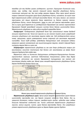 явагддаг үйл явц байдаг учраас үйлдвэрлэгч, зуучлагч, борлуулагч бизнесийн нэгж,
аймаг, сум, салбар, төр засгийн түвшинд ажлаа явуулдаг удирдлагын бүтэц,
тогтолцоо зайлшгүй юм. Зах зээл өндөр хөгжсөн Америк, Япон зэрэг оронд засгийн
тазрын хэмжээнд зохицуулах үүрэг бүхий удирдлагын бүтэц, нийгэмлэг, аж ахуйн нэгж
бүрт маркетингийн албад, хэлтсүүд ажилладаг байна. Улс орны хөгжил, зах зээлийн
харилцааны үйл явцын өрнөлийн дагуу маркетинг нь байнга хувьеан хөгжиж,
удирдлагын бүтэц, зохион байгуулалт, уүрэг нь үеэс үед хувьсан өөрчлөгдөж иржээ.
Энэ нь юуны урьд маркетинг нь үйлдвэрлэлийн баримжаат зах зээлээс хэрэглэгчдийн
баримжаат бөгөөд өрсөлдөөнд зохицсон систем болон байнга шинэчлэгдэж байна.
Маркетингийн удирдлага нь хоѐр үндсэн асуудалд хуваагддаг байна.
Нэгдугээрт: Үйлдвэрлэлийн удирдлагад болж буй сэтгэлгээний төлөв байдалд
зохицсон маркетинг юм. Үүний гол зорилго нь зах зээлийн тухайн үеийн шаардлагад
зохицсон удирдлагын үйл ажиллагаа явуулах явдал юм. Энд үйлдвэрлэгчдийн ажлын
чанар, хариуцлага, үүргээ ухамсарласан хүнлэг энэрэнгүй үйл ажиллагаа явуулахад
чиглэгддэг. Үүний тудд үйлдвэр, худалдааны байгууллагын эзэд, санхүүгийн албаны
хүмүүсийн үүргийг нийгэмлэгийн эрх ашигтзохицуулан явуулах, хяналт тавихад бүрэн
чиглүүлэн явуулж байх нь чухал юм.
Хоёрдугаарт: маркетингийн удирдлага нь зах зээл дээрх үйлдвэ-рийн газрын үйл
ажиллагааны зохистой тогтолцоог буй болгон үйл ажиллагааны үр өгөөж бүхий
төрхийг бүрдүүлж байх явдал мөн.
Маркетинг гэдэг нь бизнесийн байгууллагын үйлдвэрлэл-борлуулалтын боломж,
хэрэглэгчдийн хэрэгцээ, эрэлтийг бодитойгоор тооцоолсоны үндсэн дээр бараа
үйлдвэрлэл, үйлчилгээг зах зээлийн баримжаанд тулгуурласан зах зээлийн үйл
ажиллагааг удирдах явдал юм. Манай орны нехцөдд маркетингийн удирдлагын бүтэц
дараах байдалтай байвал болох юм.
Монгол орны нөхцөлдмаркетингийнудирдлагын боломжитбүтэц
Маркетингийн удирдлагын үүрэг. Орчин үеийн нөхцөлд хэрэглэгчдийн эрэлт байнга
шинэчлэгдэн еөрчлөгдөн өеч, хүн бүрийн сонирхол олон янз болж байна. Энэ нь
хүмүүсийн боловсрол, соѐлын түвшин, амьдрал-ахуйн нөхцөл, худалдан авах чадвар
дээшилж байгаатай холбоотой юм. Үүнээс үндэслээд маркетингийн удирдлагын
зорилго, ажлын агуулга, чиглэл, үүрэг байнга өөрчлөгдөж байна. Энэ шаардлагын
улмаас маркетингийн удирдлагын үүрэг нь дараах дервөн үүргээс бүрдэнэ.
www.zaluu.comwww.zaluu.com
 