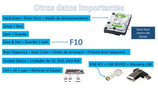 Hard drive = Disco Duro = Medio de Almacenamiento
Setup = Bios
Save = Guardar
Save & Exit = Guardar y Salir
Boot Sequence = Boot Order = Orden de Arranque = Primary Boot Sequence
Unidad Óptica = Unidades de CD, DVD, DVD-RW
Ctrl + alt + supr = Reiniciar el Equipo
USB KEY = USB DEVICE = Memoria USB
Disco Duro
interno del
Equipo
 