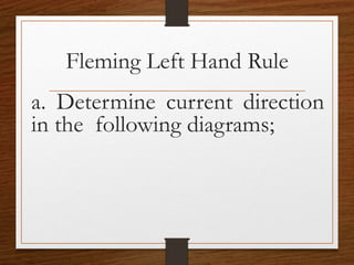 Fleming Left Hand Rule
a. Determine current direction
in the following diagrams;
 