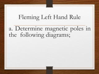 Fleming Left Hand Rule
a. Determine magnetic poles in
the following diagrams;
 
