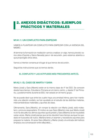 2. ANEXOS DIDÁCTICOS: EJEMPLOS
PRÁCTICOS Y MATERIALES
M1A1.1: UN CONFLICTO PARA EMPEZAR
VAMOS A PLANTEAR UN CONFLICTO PARA EMPEZAR CON LA VIVENCIA DEL
MISMO.
Al terminar la formación en mediación vamos a realizar un viaje, hemos previsto va-
rios sitios (Cazorla y Sierra Nevada) para ir de excursión, pero estamos abiertos a
que propongáis otros sitios.
Vamos a intentar consensuar el lugar al que iremos de excursión.
Seguid las instrucciones que os iremos dando.
EL CONFLICTO Y LAS ACTITUDES MÁS FRECUENTES ANTE ÉL
M1A2.1: EL CASO DE MARTA Y SARA
Marta (José) y Sara (Alberto) están en la misma clase de 4º de ESO. Se conocen
desde hace tiempo. Estudiaron Primaria en el mismo centro, y desde 5º de Prima-
ria, y posteriormente durante la ESO, han estado en el mismo grupo.
No se puede decir que entre los cuatro haya una amistad íntima; pero han mante-
nido una relación cordial y se han ayudado en el estudio de las distintas materias,
intercambiándose materiales y apuntes de clase.
Últimamente, Sara (Alberto), sin romper la relación con Marta (José), está moles-
ta/o y procura esquivarla/e. El motivo es que Sara (Alberto) cree que Marta (José)
no le ha devuelto los últimos apuntes que le prestó y Sara (Alberto) se los ha pedido
varias veces. Marta (José) piensa que se los devolvió hace tiempo aunque ha que-
dado en buscarlos de nuevo. Mañana tiene un examen y necesita los apuntes para
preparar la materia. Al verse Sara (Alberto) y Marta (José) a la entrada del Instituto
empieza una conversación entre ellas/ellos...
103
 
