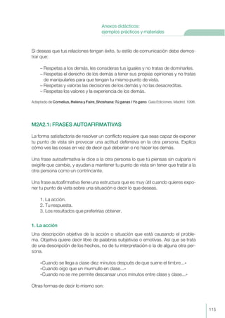 Si deseas que tus relaciones tengan éxito, tu estilo de comunicación debe demos-
trar que:
– Respetas a los demás, les consideras tus iguales y no tratas de dominarles.
– Respetas el derecho de los demás a tener sus propias opiniones y no tratas
de manipularles para que tengan tu mismo punto de vista.
– Respetas y valoras las decisiones de los demás y no las desacreditas.
– Respetas los valores y la experiencia de los demás.
Adaptado de Cornelius, Helena y Faire, Shoshana: Tú ganas / Yo gano. Gaia Ediciones. Madrid. 1998.
M2A2.1: FRASES AUTOAFIRMATIVAS
La forma satisfactoria de resolver un conflicto requiere que seas capaz de exponer
tu punto de vista sin provocar una actitud defensiva en la otra persona. Explica
cómo ves las cosas en vez de decir qué deberían o no hacer los demás.
Una frase autoafirmativa le dice a la otra persona lo que tú piensas sin culparla ni
exigirle que cambie, y ayudan a mantener tu punto de vista sin tener que tratar a la
otra persona como un contrincante.
Una frase autoafirmativa tiene una estructura que es muy útil cuando quieres expo-
ner tu punto de vista sobre una situación o decir lo que deseas.
1. La acción.
2. Tu respuesta.
3. Los resultados que preferirías obtener.
1. La acción
Una descripción objetiva de la acción o situación que está causando el proble-
ma. Objetiva quiere decir libre de palabras subjetivas o emotivas. Así que se trata
de una descripción de los hechos, no de tu interpretación o la de alguna otra per-
sona.
«Cuando se llega a clase diez minutos después de que suene el timbre...»
«Cuando oigo que un murmullo en clase...»
«Cuando no se me permite descansar unos minutos entre clase y clase...»
Otras formas de decir lo mismo son:
115
Anexos didácticos:
ejemplos prácticos y materiales
 