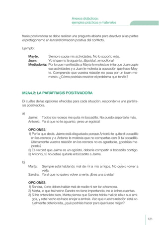 frasis positivadora se debe realizar una pregunta abierta para devolver a las partes
el protagonismo en la transformación positiva del conflicto.
Ejemplo:
Mayte: Siempre copia mis actividades. No lo soporto más.
Juan: Yo sí que no te aguanto. ¡Egoísta!, ¡empollona!
Mediador/a: Por lo que manifestáis a Mayte le molesta e irrita que Juan copie
sus actividades y a Juan le molesta la acusación que hace May-
te. Comprendo que vuestra relación no pasa por un buen mo-
mento. ¿Cómo podríais resolver el problema que tenéis?
M2A4.2: LA PARÁFRASIS POSITIVADORA
Di cuáles de las opciones ofrecidas para cada situación, responden a una paráfra-
sis positivadora.
a)
Jaime: Todos los recreos me quita mi bocadillo. No puedo soportarlo más.
Antonio: Yo sí que no te aguanto, ¡eres un egoísta!
OPCIONES:
1) Por lo que decís, Jaime está disgustado porque Antonio te quita el bocadillo
en los recreos y a Antonio le molesta que no compartas con él tu bocadillo.
Últimamente vuestra relación en los recreos no es agradable, ¿podríais me-
jorarla?
2) Es verdad que Jaime es un egoísta, debería compartir el bocadillo contigo.
3) Antonio, tú no debes quitarle el bocadillo a Jaime.
b)
Marta: Siempre está hablando mal de mí a mis amigos. No quiero volver a
verla.
Sandra: Yo sí que no quiero volver a verte. ¡Eres una creída!
OPCIONES:
1) Sandra, tú no debes hablar mal de nadie ni ser tan chismosa.
2) Marta, lo que ha hecho Sandra no tiene importancia, no le eches cuentas.
3) Si he entendido bien, Marta piensa que Sandra habla mal de ella a sus ami-
gos, y este hecho os hace enojar a ambas. Veo que vuestra relación está ac-
tualmente deteriorada, ¿qué podríais hacer para que fuese mejor?
121
Anexos didácticos:
ejemplos prácticos y materiales
 