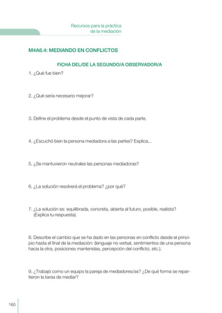 M4A6.4: MEDIANDO EN CONFLICTOS
FICHA DEL/DE LA SEGUNDO/A OBSERVADOR/A
1. ¿Qué fue bien?
2. ¿Qué sería necesario mejorar?
3. Define el problema desde el punto de vista de cada parte.
4. ¿Escuchó bien la persona mediadora a las partes? Explica...
5. ¿Se mantuvieron neutrales las personas mediadoras?
6. ¿La solución resolverá el problema? ¿por qué?
7. ¿La solución es: equilibrada, concreta, abierta al futuro, posible, realista?
(Explica tu respuesta).
8. Describe el cambio que se ha dado en las personas en conflicto desde el princi-
pio hasta el final de la mediación: (lenguaje no verbal, sentimientos de una persona
hacia la otra, posiciones mantenidas, percepción del conflicto, etc.).
9. ¿Trabajó como un equipo la pareja de mediadores/as? ¿De qué forma se repar-
tieron la tarea de mediar?
160
Recursos para la práctica
de la mediación
 