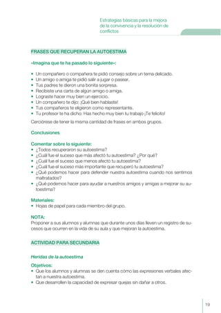 FRASES QUE RECUPERAN LA AUTOESTIMA
«Imagina que te ha pasado lo siguiente»:
• Un compañero o compañera te pidió consejo sobre un tema delicado.
• Un amigo o amiga te pidió salir a jugar o pasear.
• Tus padres te dieron una bonita sorpresa.
• Recibiste una carta de algún amigo o amiga.
• Lograste hacer muy bien un ejercicio.
• Un compañero te dijo: ¡Qué bien hablaste!
• Tus compañeros te eligieron como representante.
• Tu profesor te ha dicho: Has hecho muy bien tu trabajo ¡Te felicito!
Cerciórese de tener la misma cantidad de frases en ambos grupos.
Conclusiones
Comentar sobre lo siguiente:
• ¿Todos recuperaron su autoestima?
• ¿Cuál fue el suceso que más afectó tu autoestima? ¿Por qué?
• ¿Cuál fue el suceso que menos afectó tu autoestima?
• ¿Cuál fue el suceso más importante que recuperó tu autoestima?
• ¿Qué podemos hacer para defender nuestra autoestima cuando nos sentimos
maltratados?
• ¿Qué podemos hacer para ayudar a nuestros amigos y amigas a mejorar su au-
toestima?
Materiales:
• Hojas de papel para cada miembro del grupo.
NOTA:
Proponer a sus alumnos y alumnas que durante unos días lleven un registro de su-
cesos que ocurren en la vida de su aula y que mejoran la autoestima.
ACTIVIDAD PARA SECUNDARIA
Heridas de la autoestima
Objetivos:
• Que los alumnos y alumnas se den cuenta cómo las expresiones verbales afec-
tan a nuestra autoestima.
• Que desarrollen la capacidad de expresar quejas sin dañar a otros.
19
Estrategias básicas para la mejora
de la convivencia y la resolución de
conflictos
 