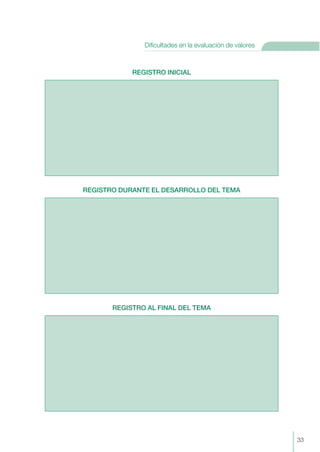 33
Dificultades en la evaluación de valores
REGISTRO INICIAL
REGISTRO DURANTE EL DESARROLLO DEL TEMA
REGISTRO AL FINAL DEL TEMA
 